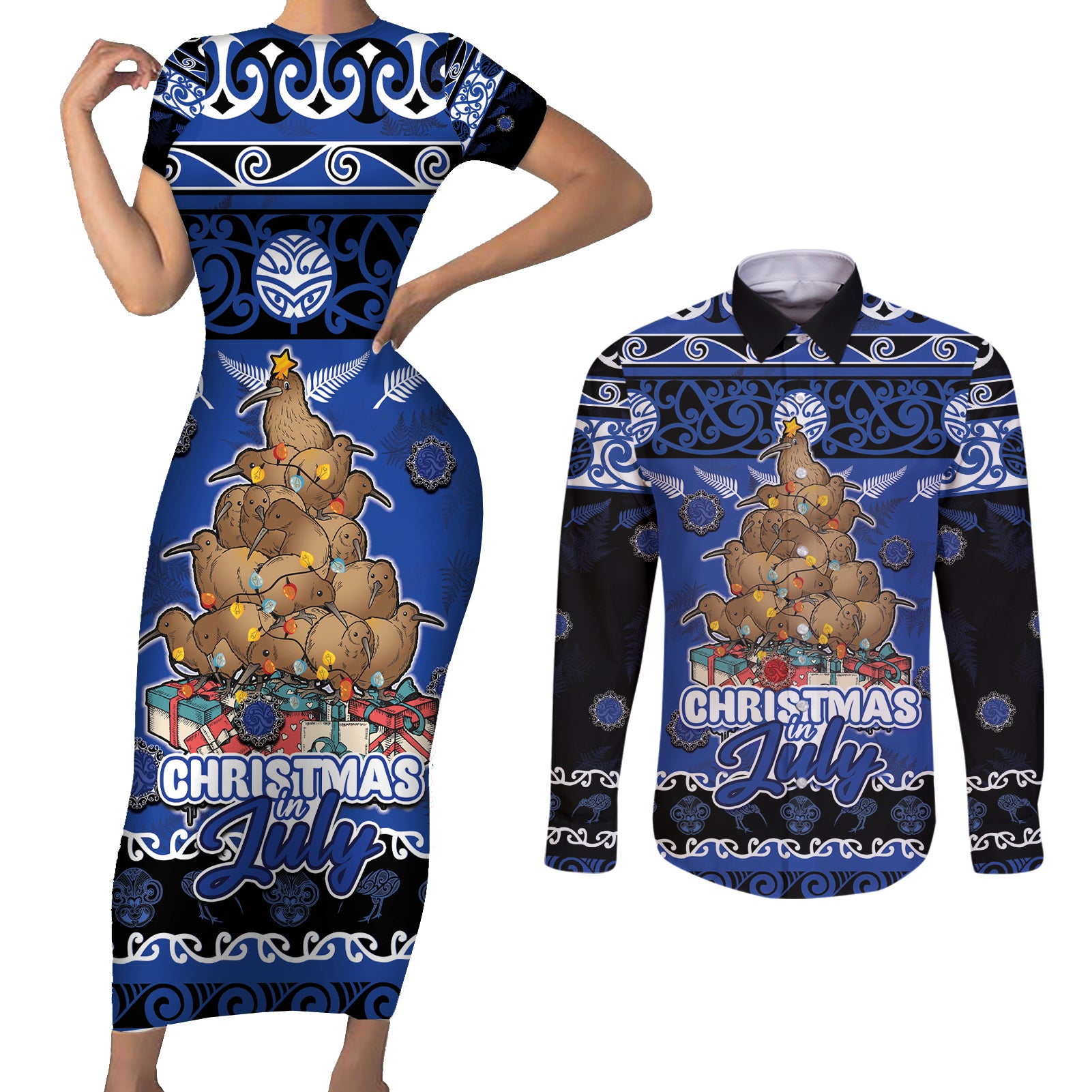 Personalised New Zealand July Christmas Couples Matching Short Sleeve Bodycon Dress and Long Sleeve Button Shirt Maori Kiwi Xmas Tree - Blue
