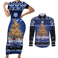 Personalised New Zealand July Christmas Couples Matching Short Sleeve Bodycon Dress and Long Sleeve Button Shirt Maori Kiwi Xmas Tree - Blue LT05 Blue - Polynesian Pride
