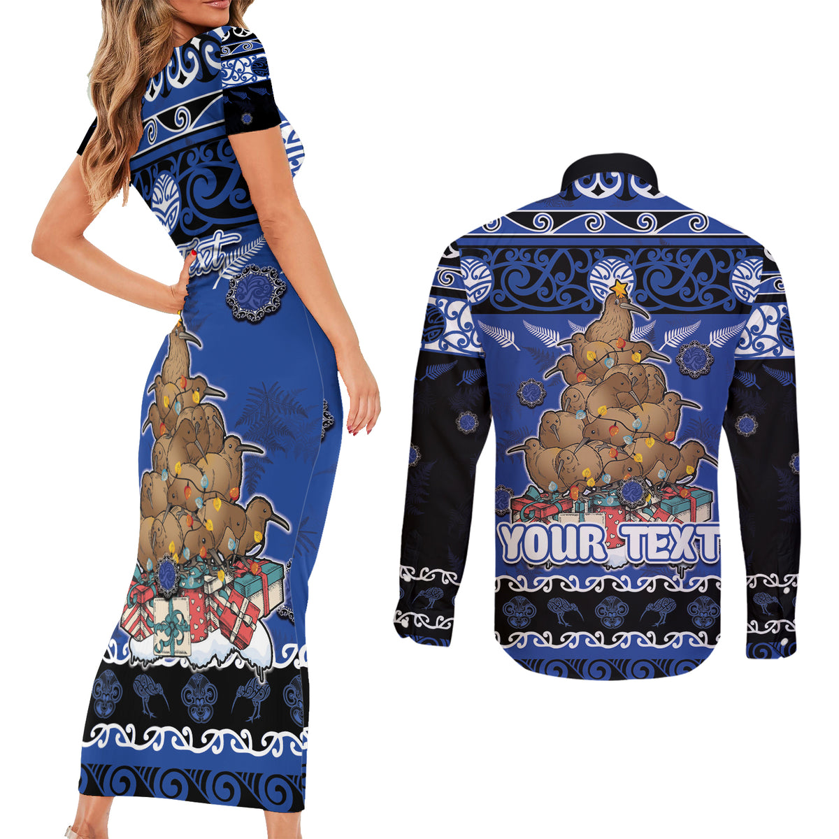 Personalised New Zealand July Christmas Couples Matching Short Sleeve Bodycon Dress and Long Sleeve Button Shirt Maori Kiwi Xmas Tree - Blue LT05 - Polynesian Pride
