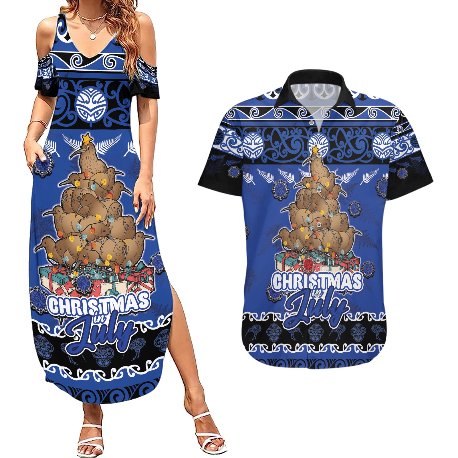 Personalised New Zealand July Christmas Couples Matching Summer Maxi Dress and Hawaiian Shirt Maori Kiwi Xmas Tree - Blue