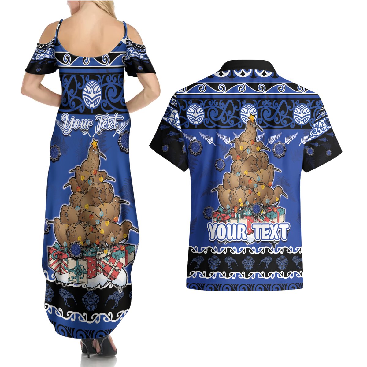 Personalised New Zealand July Christmas Couples Matching Summer Maxi Dress and Hawaiian Shirt Maori Kiwi Xmas Tree - Blue LT05 - Polynesian Pride