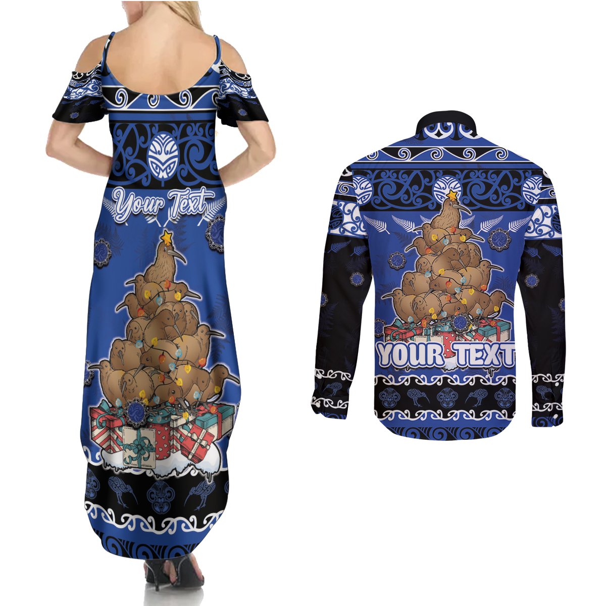 Personalised New Zealand July Christmas Couples Matching Summer Maxi Dress and Long Sleeve Button Shirt Maori Kiwi Xmas Tree - Blue LT05 - Polynesian Pride