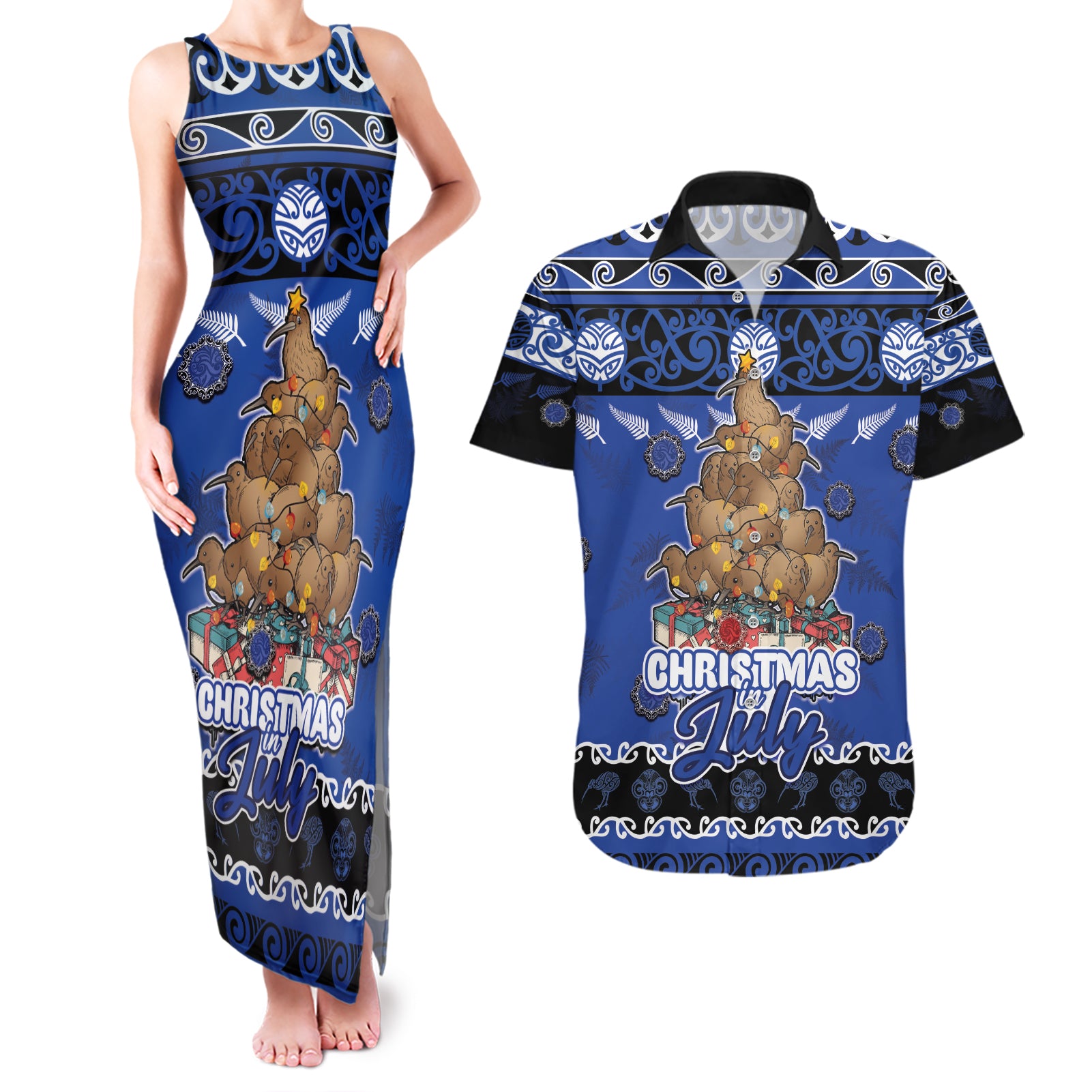 Personalised New Zealand July Christmas Couples Matching Tank Maxi Dress and Hawaiian Shirt Maori Kiwi Xmas Tree - Blue