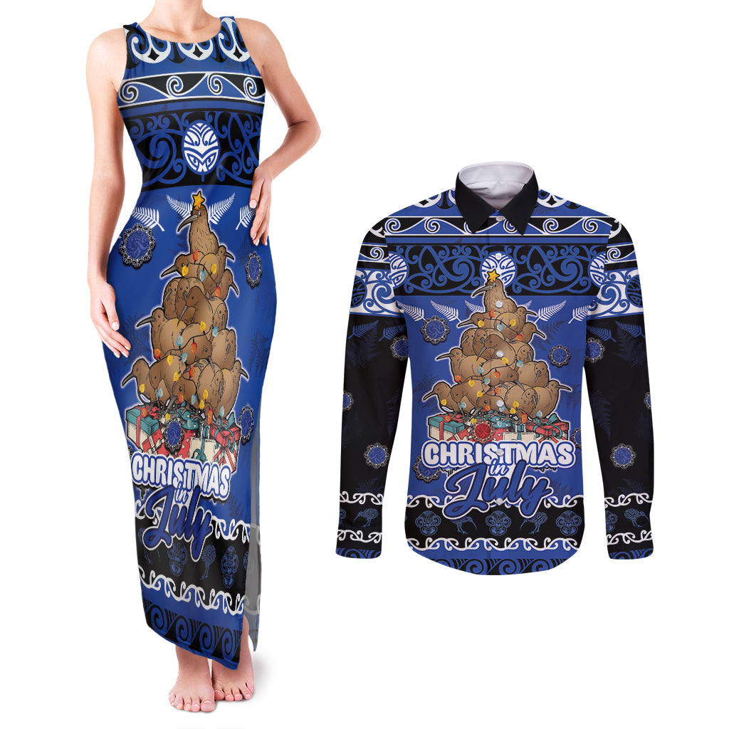 Personalised New Zealand July Christmas Couples Matching Tank Maxi Dress and Long Sleeve Button Shirt Maori Kiwi Xmas Tree - Blue
