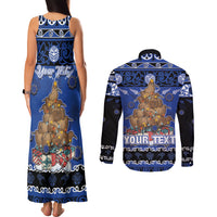 Personalised New Zealand July Christmas Couples Matching Tank Maxi Dress and Long Sleeve Button Shirt Maori Kiwi Xmas Tree - Blue LT05 - Polynesian Pride