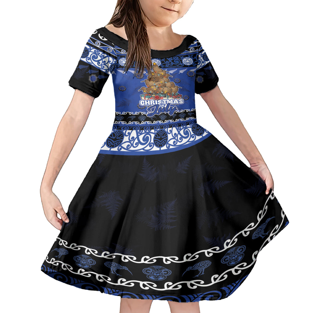 Personalised New Zealand July Christmas Family Matching Long Sleeve Bodycon Dress and Hawaiian Shirt Maori Kiwi Xmas Tree - Blue LT05 Daughter's Dress Blue - Polynesian Pride