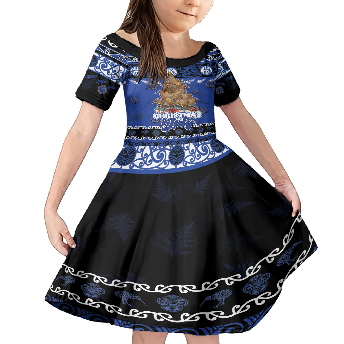 Personalised New Zealand July Christmas Family Matching Mermaid Dress and Hawaiian Shirt Maori Kiwi Xmas Tree - Blue LT05 Daughter's Dress Blue - Polynesian Pride