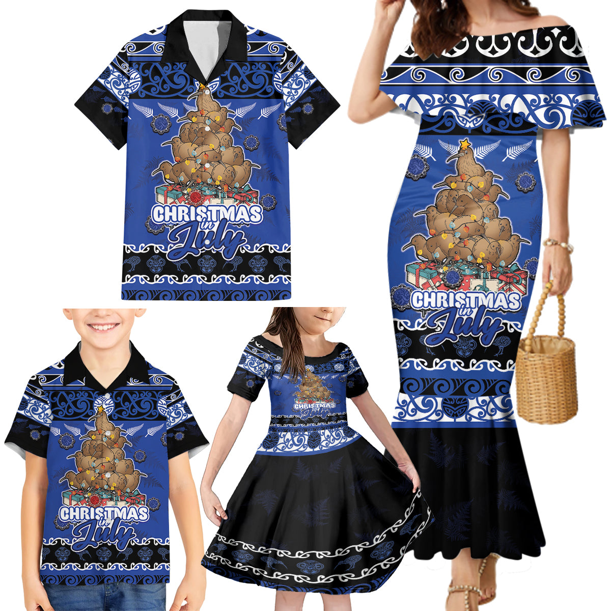 Personalised New Zealand July Christmas Family Matching Mermaid Dress and Hawaiian Shirt Maori Kiwi Xmas Tree - Blue LT05 - Polynesian Pride