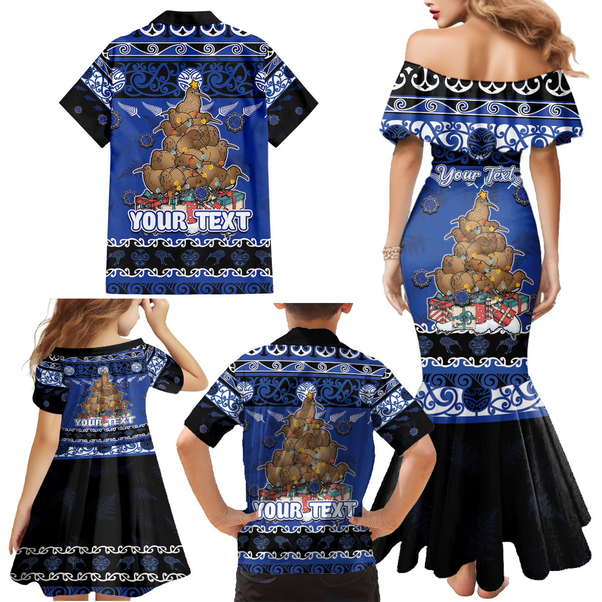 Personalised New Zealand July Christmas Family Matching Mermaid Dress and Hawaiian Shirt Maori Kiwi Xmas Tree - Blue LT05 - Polynesian Pride