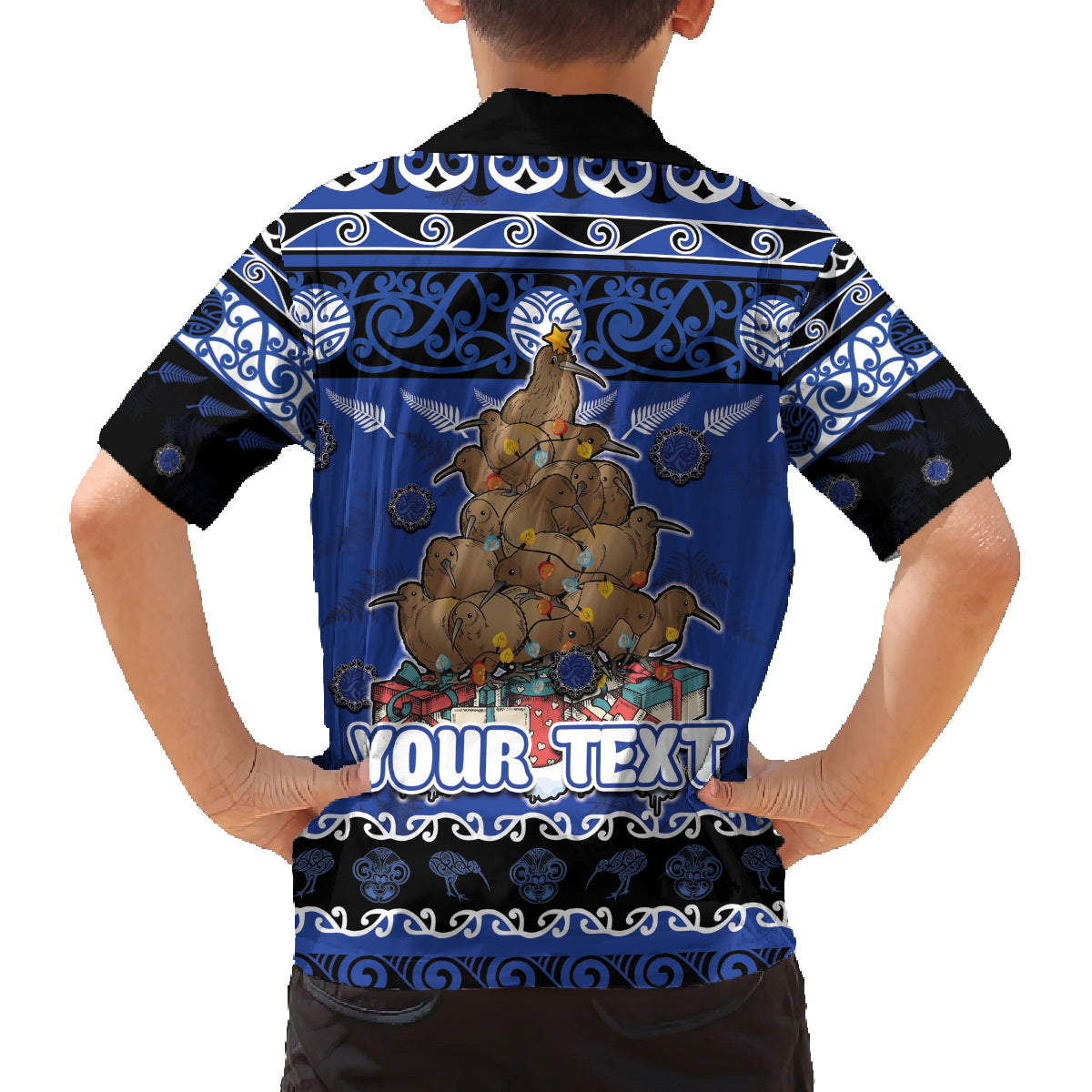 Personalised New Zealand July Christmas Family Matching Off The Shoulder Long Sleeve Dress and Hawaiian Shirt Maori Kiwi Xmas Tree - Blue LT05 - Polynesian Pride