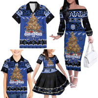 Personalised New Zealand July Christmas Family Matching Off The Shoulder Long Sleeve Dress and Hawaiian Shirt Maori Kiwi Xmas Tree - Blue LT05 - Polynesian Pride