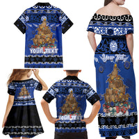 Personalised New Zealand July Christmas Family Matching Off Shoulder Maxi Dress and Hawaiian Shirt Maori Kiwi Xmas Tree - Blue LT05 - Polynesian Pride