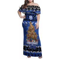 Personalised New Zealand July Christmas Family Matching Off Shoulder Maxi Dress and Hawaiian Shirt Maori Kiwi Xmas Tree - Blue LT05 Mom's Dress Blue - Polynesian Pride