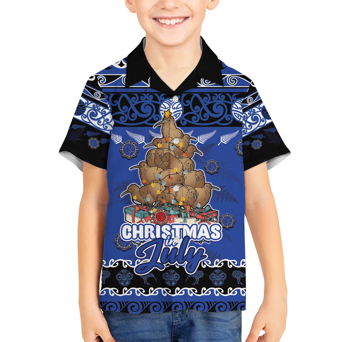 Personalised New Zealand July Christmas Family Matching Off Shoulder Maxi Dress and Hawaiian Shirt Maori Kiwi Xmas Tree - Blue LT05 Son's Shirt Blue - Polynesian Pride
