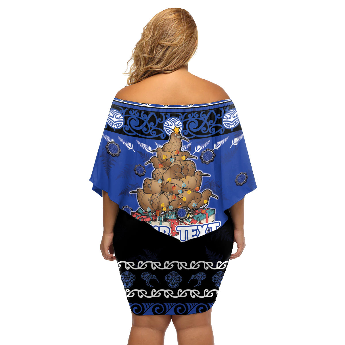 Personalised New Zealand July Christmas Family Matching Off Shoulder Short Dress and Hawaiian Shirt Maori Kiwi Xmas Tree - Blue LT05 - Polynesian Pride