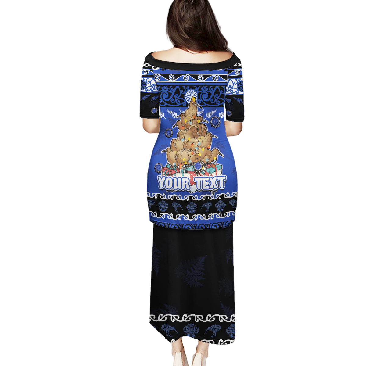 Personalised New Zealand July Christmas Family Matching Puletasi and Hawaiian Shirt Maori Kiwi Xmas Tree - Blue LT05 - Polynesian Pride