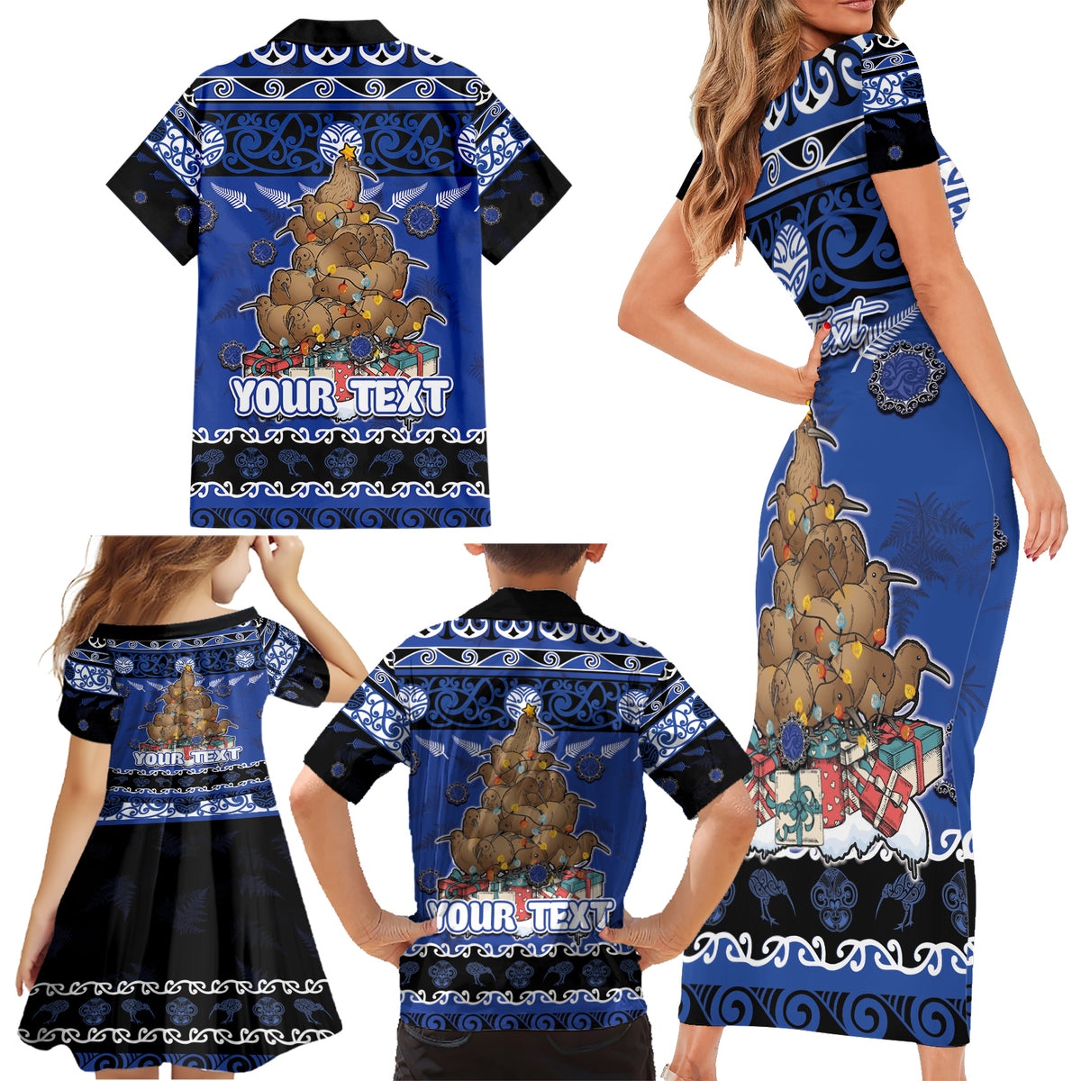 Personalised New Zealand July Christmas Family Matching Short Sleeve Bodycon Dress and Hawaiian Shirt Maori Kiwi Xmas Tree - Blue LT05 - Polynesian Pride
