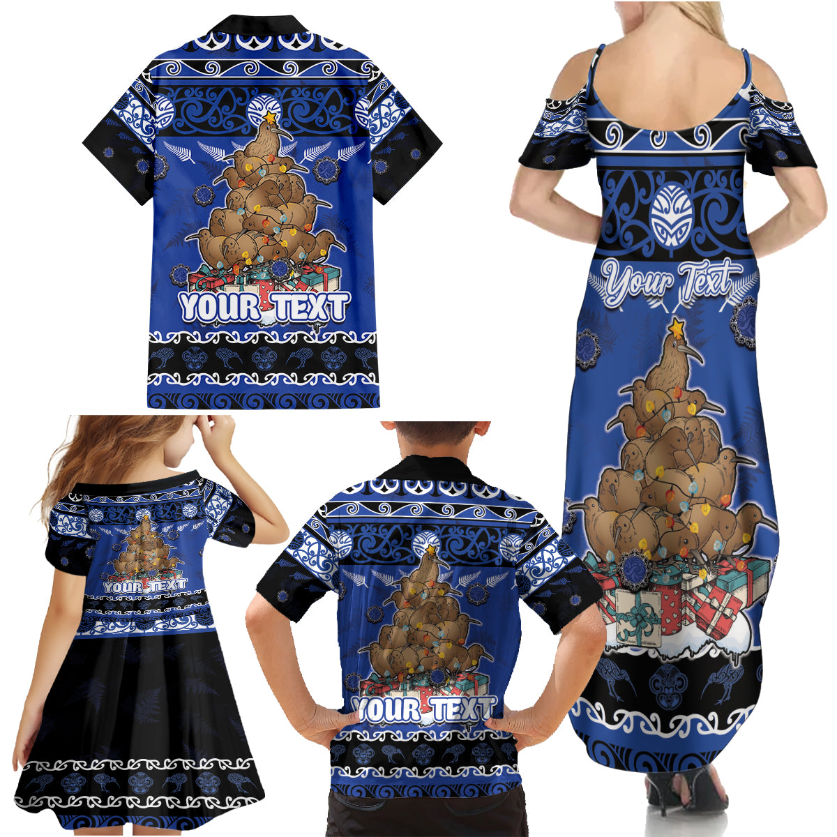 Personalised New Zealand July Christmas Family Matching Summer Maxi Dress and Hawaiian Shirt Maori Kiwi Xmas Tree - Blue LT05 - Polynesian Pride