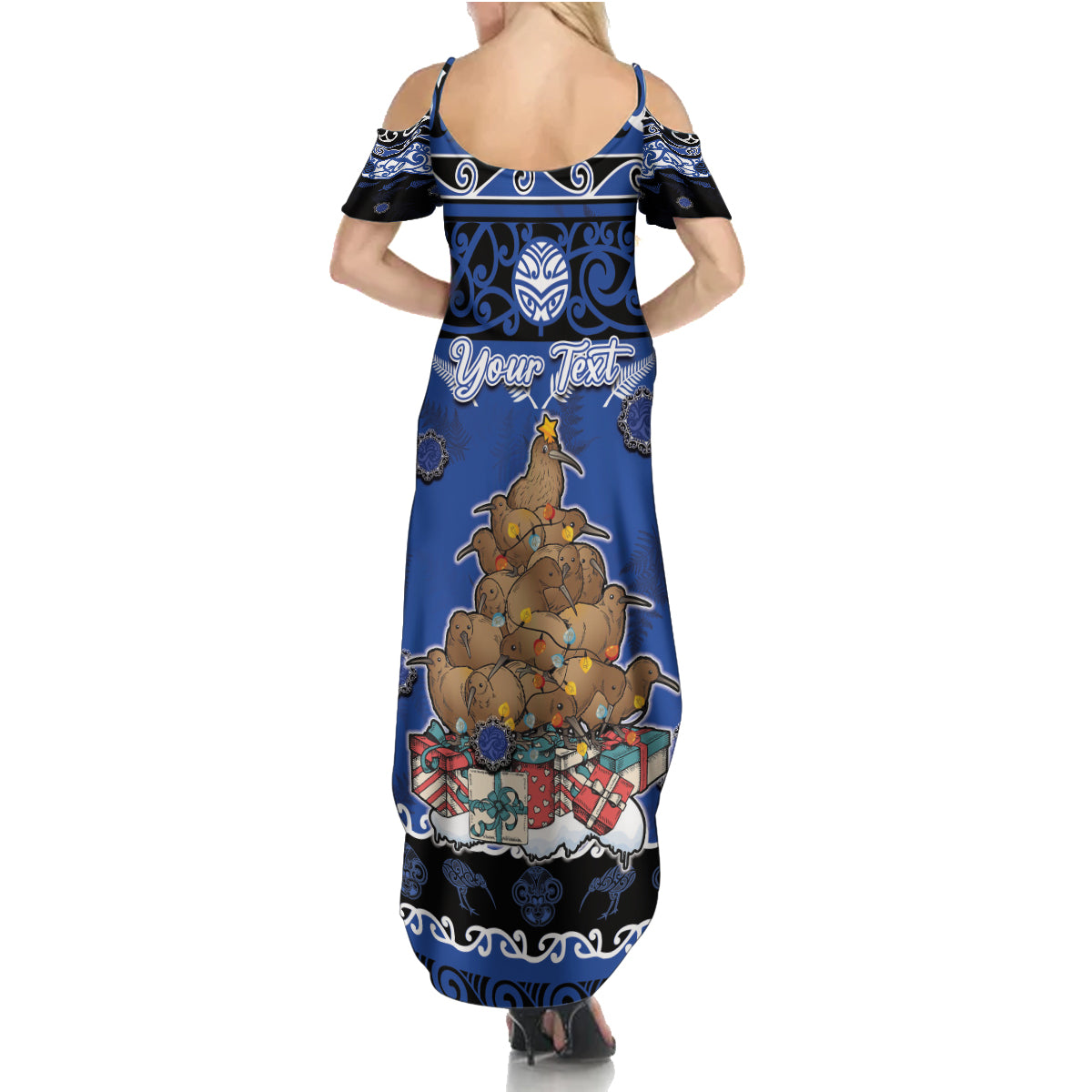 Personalised New Zealand July Christmas Family Matching Summer Maxi Dress and Hawaiian Shirt Maori Kiwi Xmas Tree - Blue LT05 - Polynesian Pride