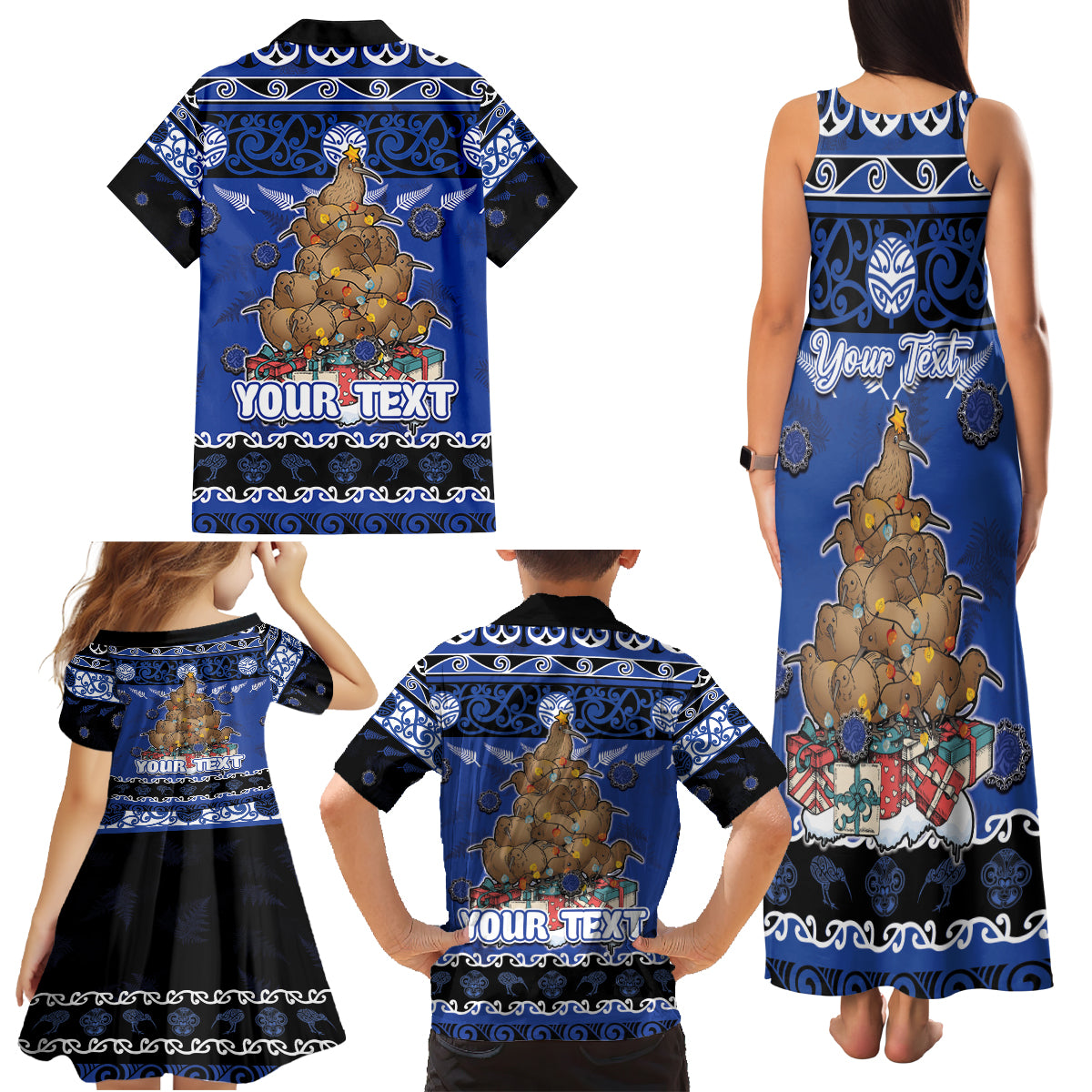 Personalised New Zealand July Christmas Family Matching Tank Maxi Dress and Hawaiian Shirt Maori Kiwi Xmas Tree - Blue LT05 - Polynesian Pride