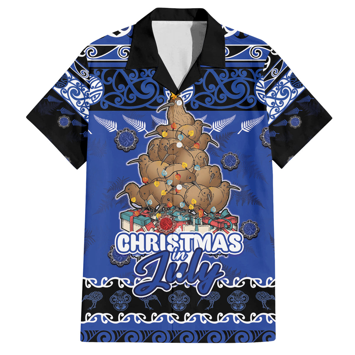 Personalised New Zealand July Christmas Family Matching Tank Maxi Dress and Hawaiian Shirt Maori Kiwi Xmas Tree - Blue LT05 Dad's Shirt - Short Sleeve Blue - Polynesian Pride