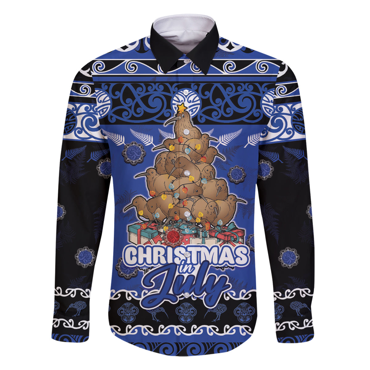 Personalised New Zealand July Christmas Family Matching Tank Maxi Dress and Hawaiian Shirt Maori Kiwi Xmas Tree - Blue LT05 Dad's Shirt - Long Sleeve Blue - Polynesian Pride
