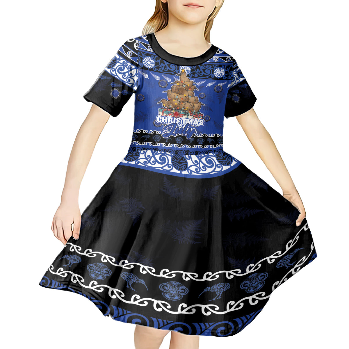 Personalised New Zealand July Christmas Kid Short Sleeve Dress Maori Kiwi Xmas Tree - Blue