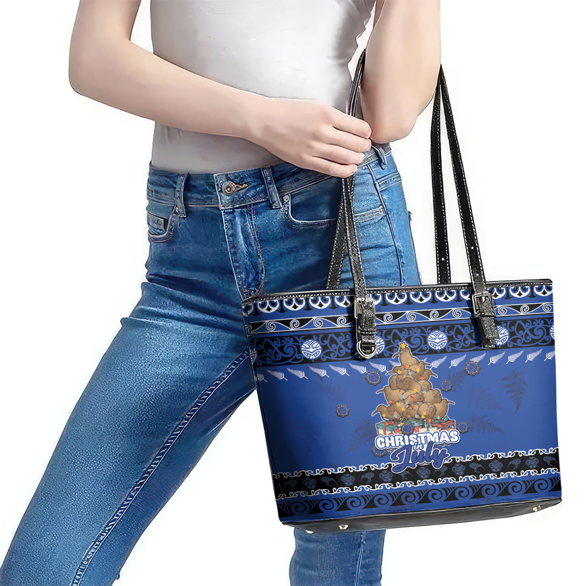New Zealand July Christmas Leather Tote Bag Maori Kiwi Xmas Tree - Blue