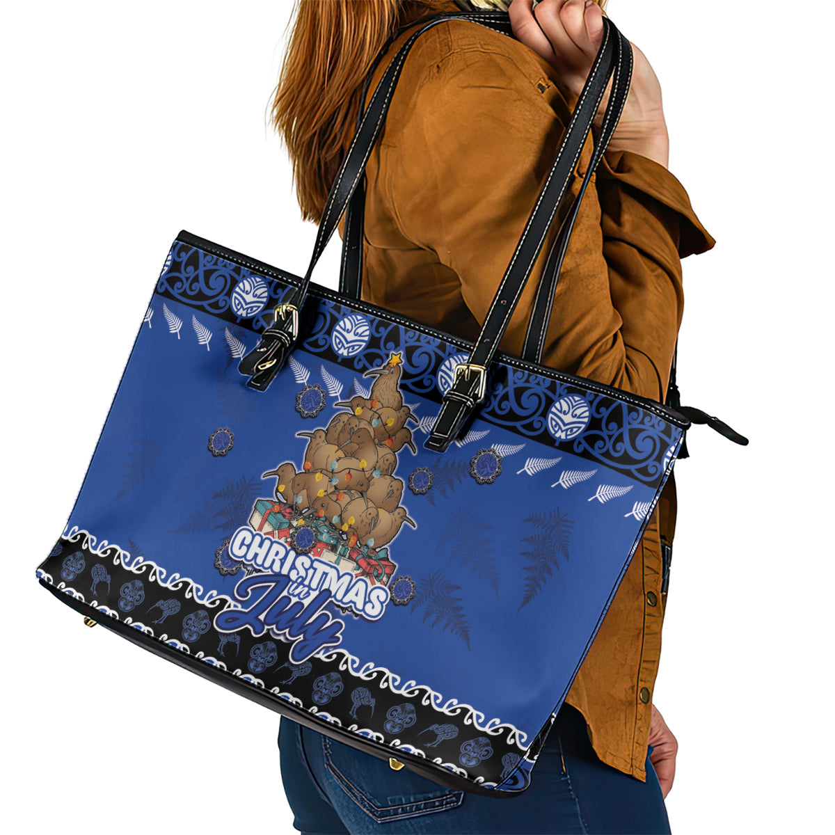 New Zealand July Christmas Leather Tote Bag Maori Kiwi Xmas Tree - Blue