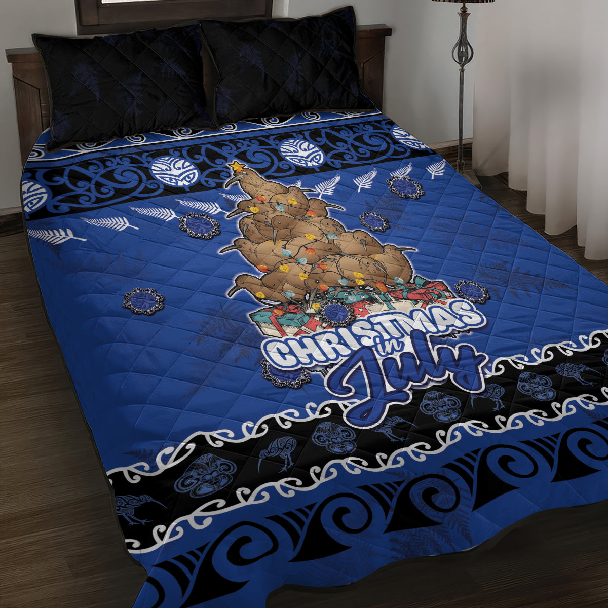 New Zealand July Christmas Quilt Bed Set Maori Kiwi Xmas Tree - Blue LT05 Blue - Polynesian Pride