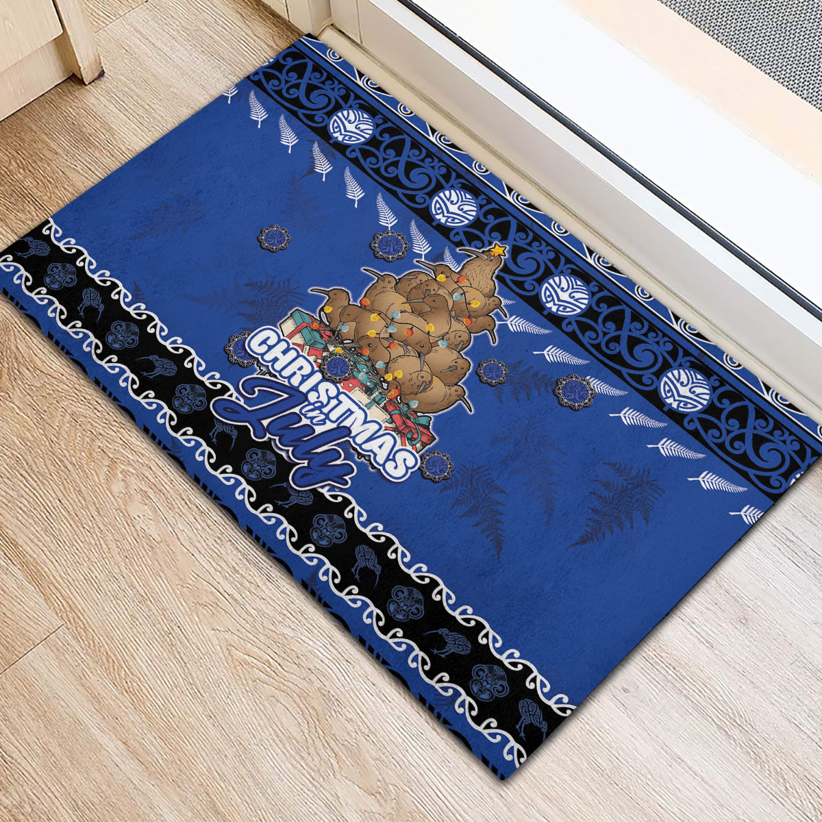 New Zealand July Christmas Rubber Doormat Maori Kiwi Xmas Tree - Blue