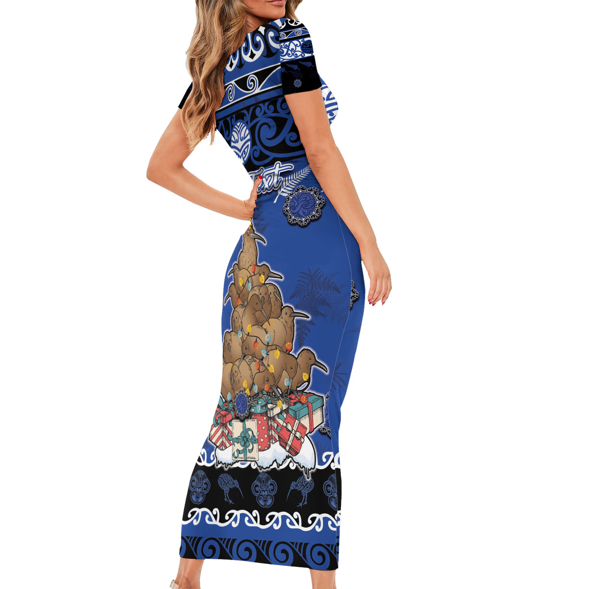 Personalised New Zealand July Christmas Short Sleeve Bodycon Dress Maori Kiwi Xmas Tree - Blue