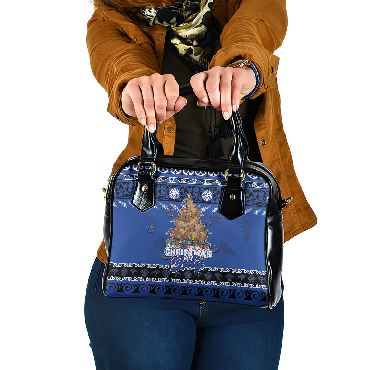 New Zealand July Christmas Shoulder Handbag Maori Kiwi Xmas Tree - Blue
