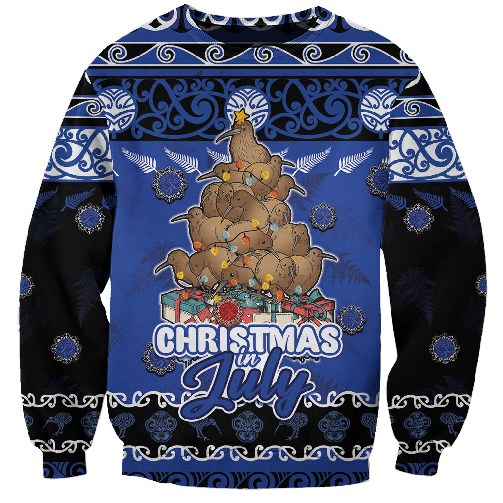 Personalised New Zealand July Christmas Sweatshirt Maori Kiwi Xmas Tree - Blue