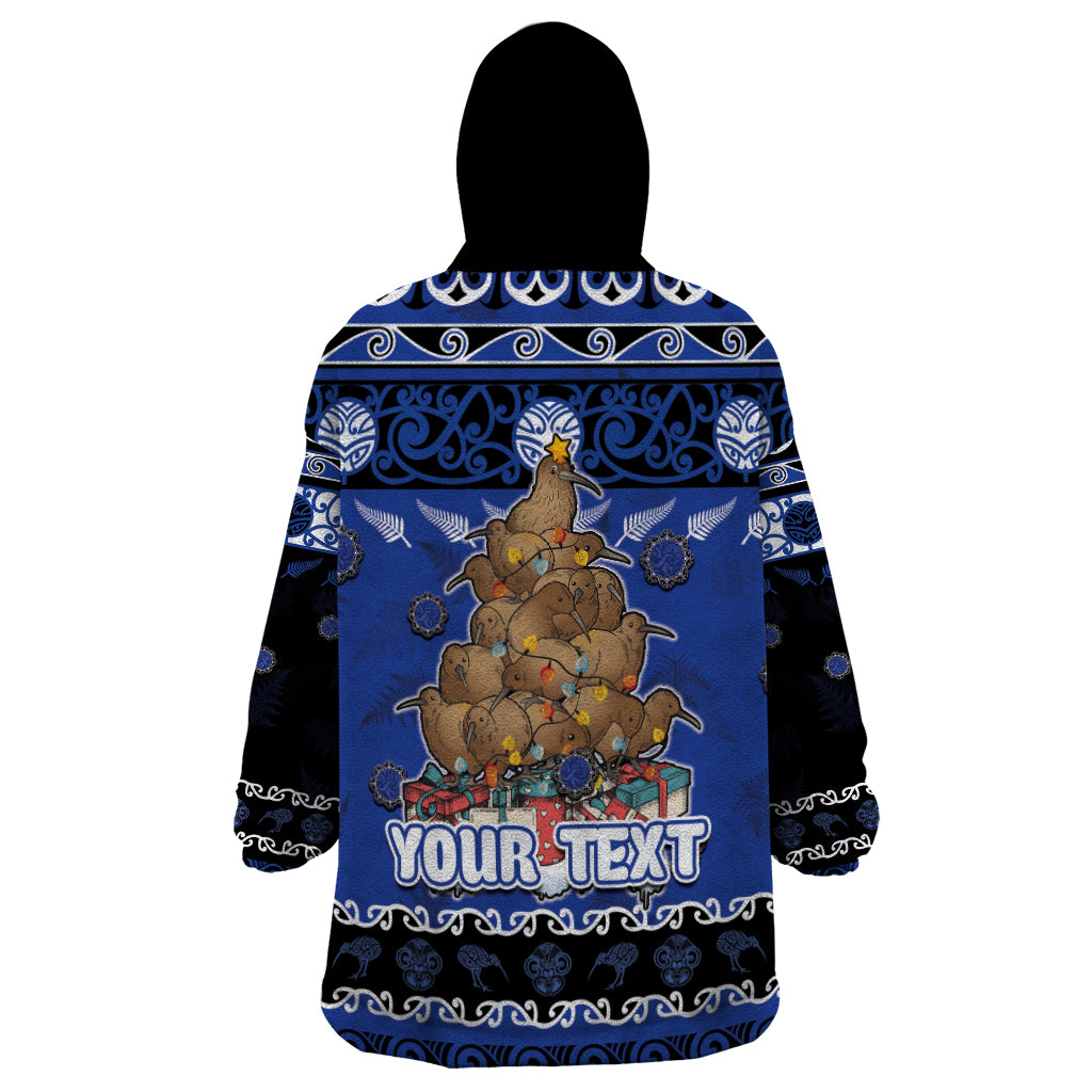 Personalised New Zealand July Christmas Wearable Blanket Hoodie Maori Kiwi Xmas Tree - Blue