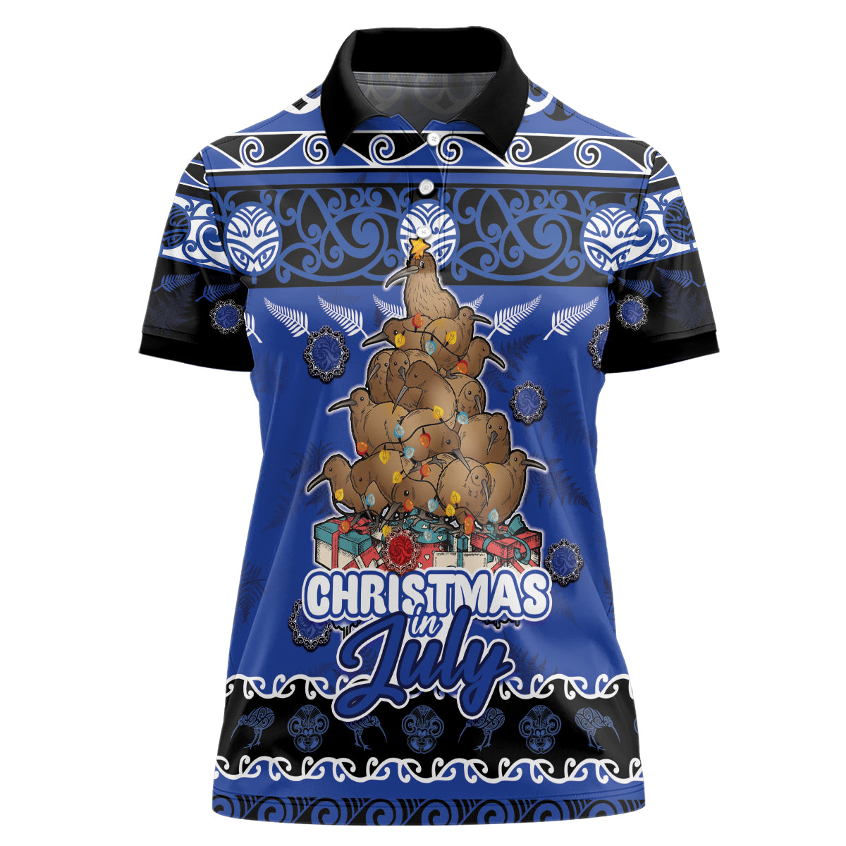 Personalised New Zealand July Christmas Women Polo Shirt Maori Kiwi Xmas Tree - Blue LT05 Female Blue - Polynesian Pride
