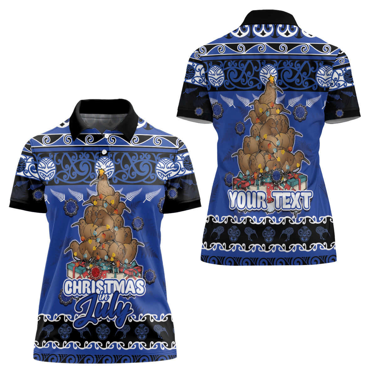 Personalised New Zealand July Christmas Women Polo Shirt Maori Kiwi Xmas Tree - Blue LT05 - Polynesian Pride