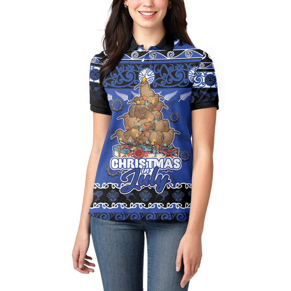 Personalised New Zealand July Christmas Women Polo Shirt Maori Kiwi Xmas Tree - Blue LT05 - Polynesian Pride
