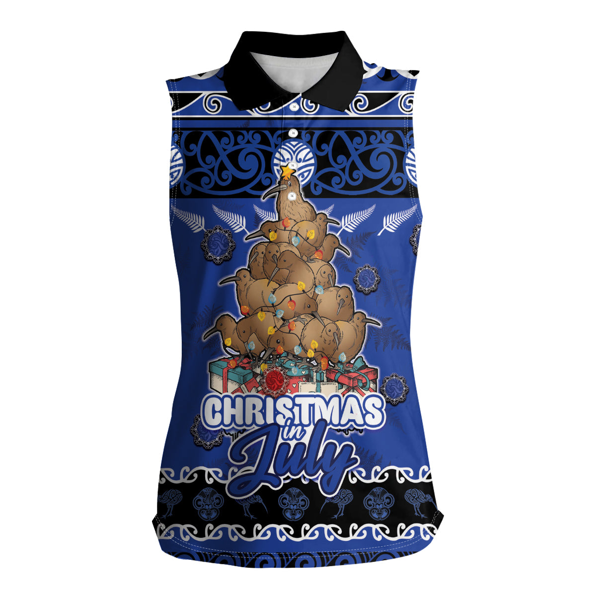 Personalised New Zealand July Christmas Women Sleeveless Polo Shirt Maori Kiwi Xmas Tree - Blue