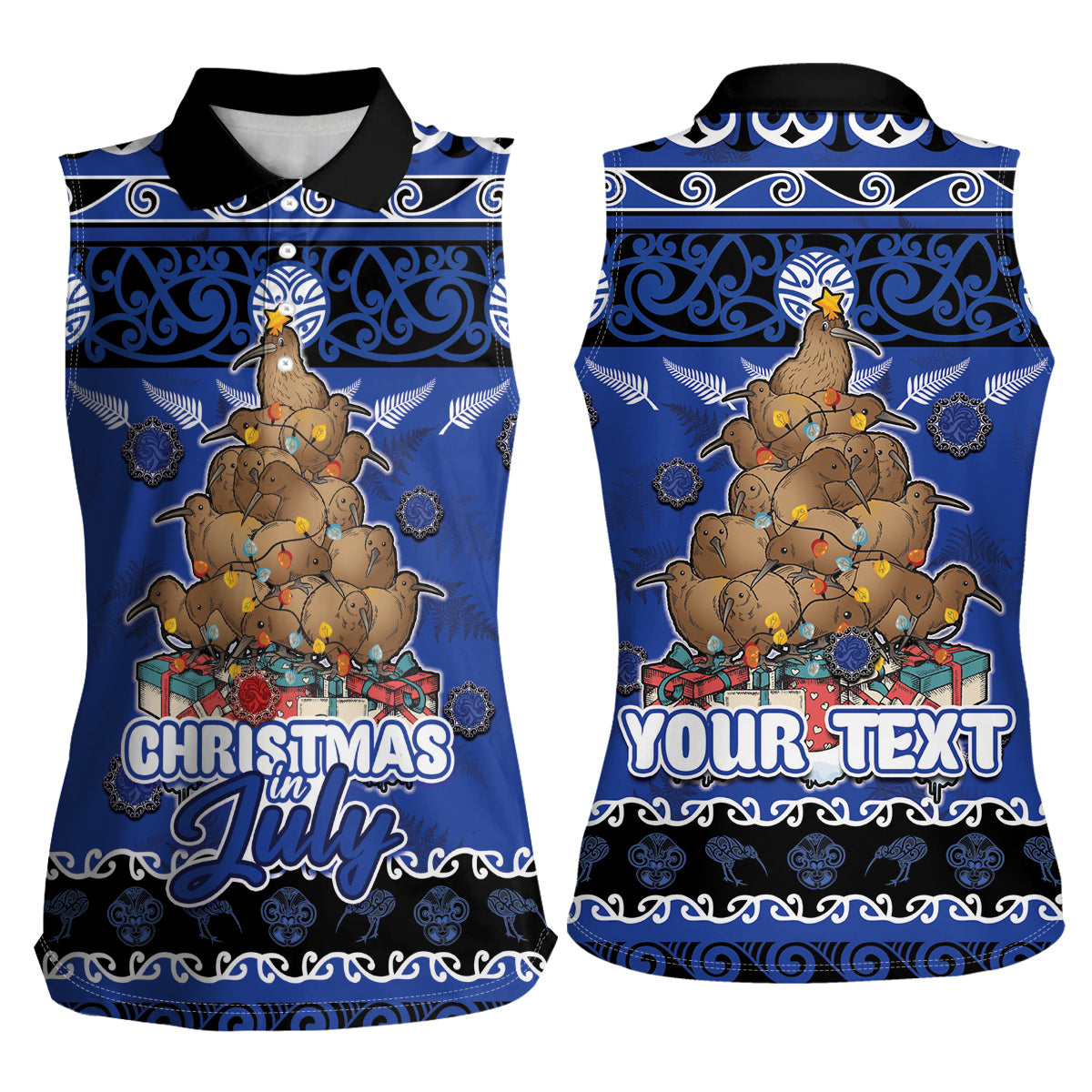 Personalised New Zealand July Christmas Women Sleeveless Polo Shirt Maori Kiwi Xmas Tree - Blue LT05 - Polynesian Pride