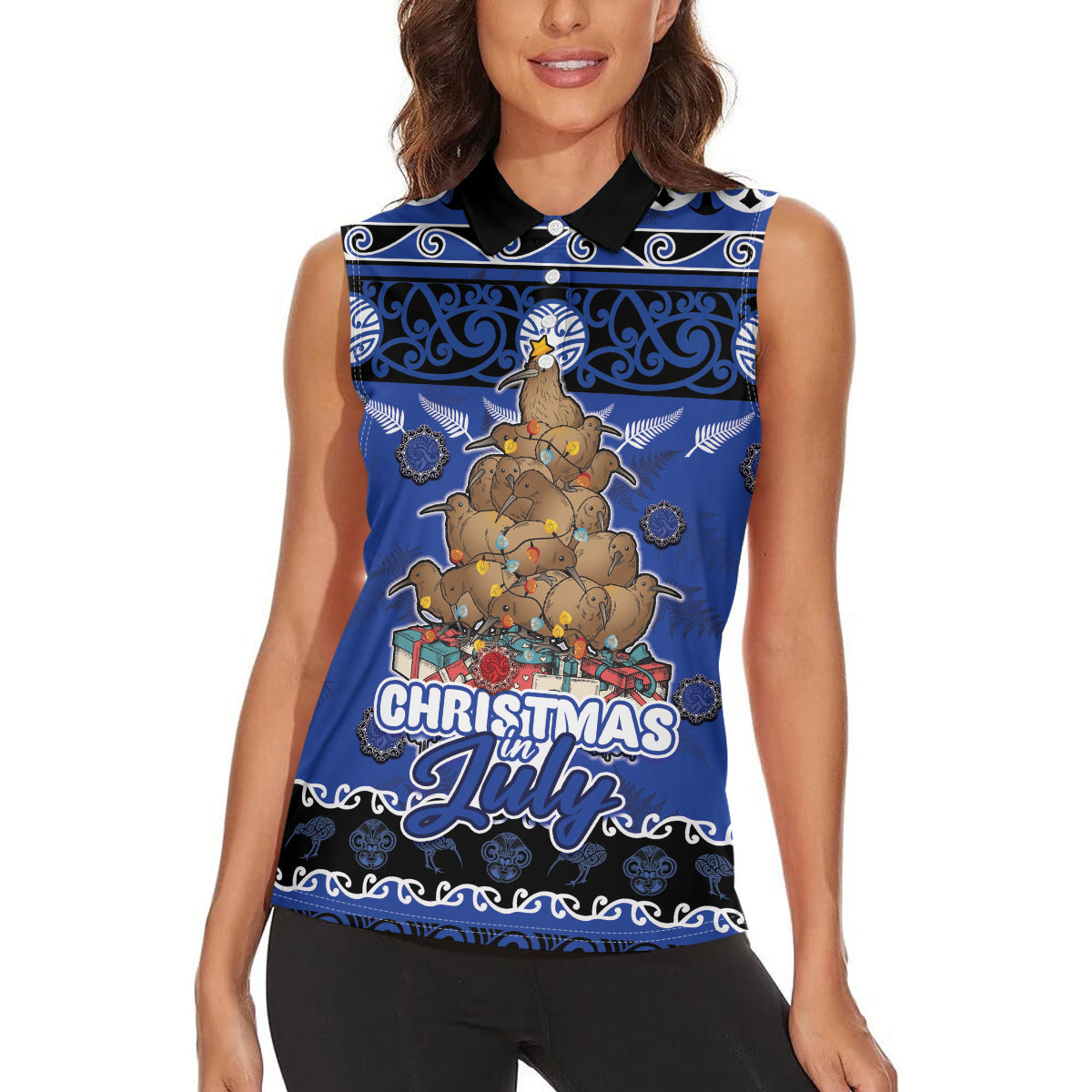 Personalised New Zealand July Christmas Women Sleeveless Polo Shirt Maori Kiwi Xmas Tree - Blue LT05 - Polynesian Pride