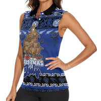 Personalised New Zealand July Christmas Women Sleeveless Polo Shirt Maori Kiwi Xmas Tree - Blue LT05 - Polynesian Pride