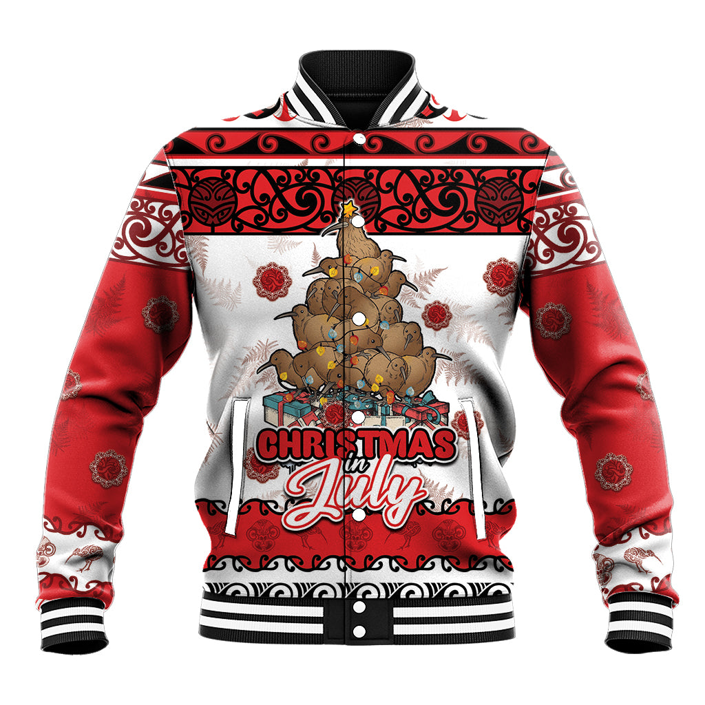 Personalised New Zealand July Christmas Baseball Jacket Maori Kiwi Xmas Tree - White