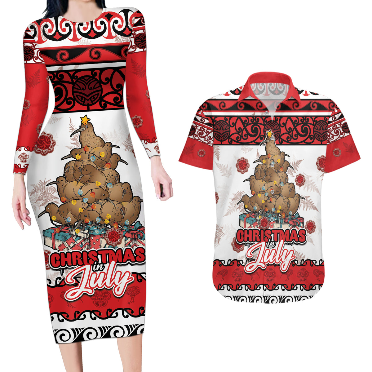 Personalised New Zealand July Christmas Couples Matching Long Sleeve Bodycon Dress and Hawaiian Shirt Maori Kiwi Xmas Tree - White LT05 White - Polynesian Pride