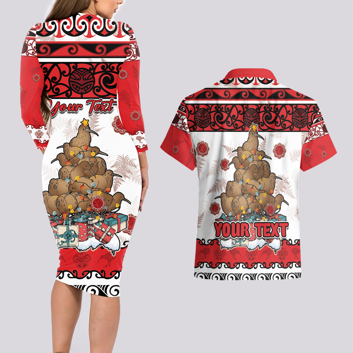 Personalised New Zealand July Christmas Couples Matching Long Sleeve Bodycon Dress and Hawaiian Shirt Maori Kiwi Xmas Tree - White LT05 - Polynesian Pride