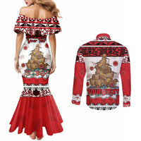 Personalised New Zealand July Christmas Couples Matching Mermaid Dress and Long Sleeve Button Shirt Maori Kiwi Xmas Tree - White LT05 - Polynesian Pride