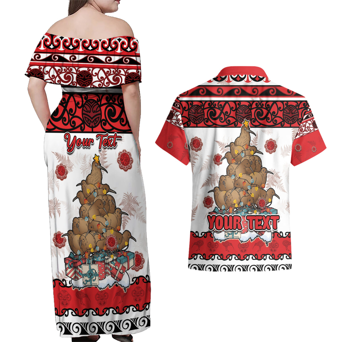 Personalised New Zealand July Christmas Couples Matching Off Shoulder Maxi Dress and Hawaiian Shirt Maori Kiwi Xmas Tree - White LT05 - Polynesian Pride