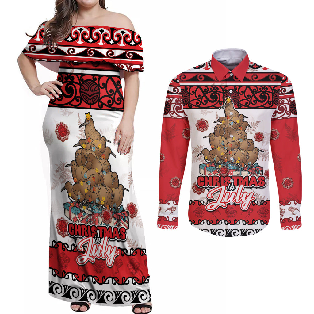 Personalised New Zealand July Christmas Couples Matching Off Shoulder Maxi Dress and Long Sleeve Button Shirt Maori Kiwi Xmas Tree - White LT05 White - Polynesian Pride