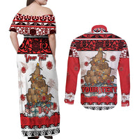 Personalised New Zealand July Christmas Couples Matching Off Shoulder Maxi Dress and Long Sleeve Button Shirt Maori Kiwi Xmas Tree - White LT05 - Polynesian Pride