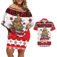 Personalised New Zealand July Christmas Couples Matching Off Shoulder Short Dress and Hawaiian Shirt Maori Kiwi Xmas Tree - White LT05 White - Polynesian Pride